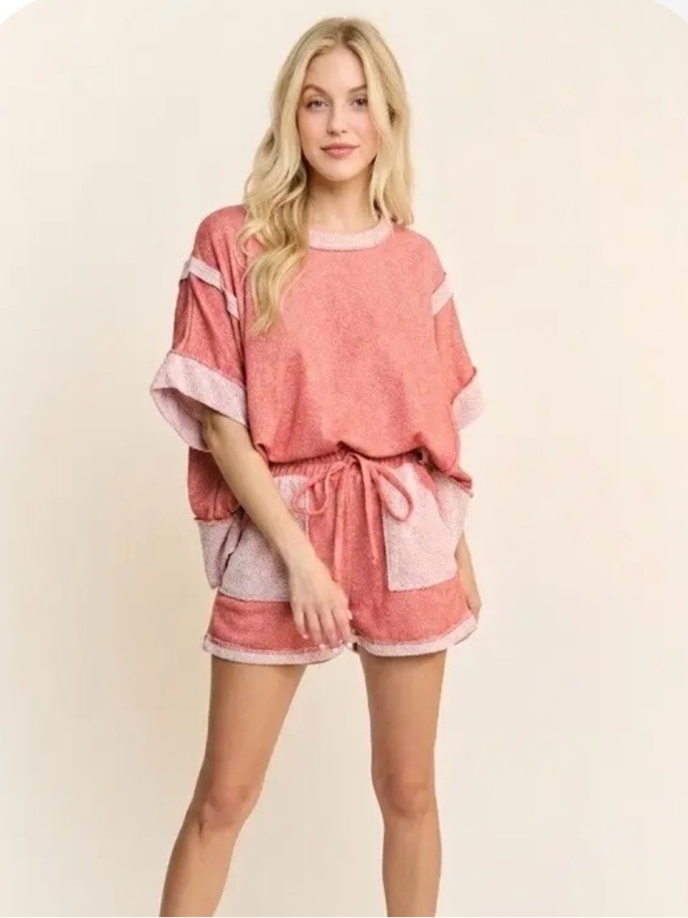Women’s Coral Pink Terry Short Set - Casual Lounge Top & Shorts